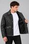 Baklava Pattern Fur Inside Bag Pocket Faux Leather Coat Kmd 855_50534 - 3