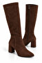 Brown Suede Textured Pointed Toe High Heeled Long Boots with Side Zipper Detail - 2