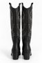 Black Leather Embroidered Pointed Toe Block Heeled Zipper Detailed Western Cowboy Long Boots - 3