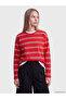 Two Mt Shop Quality Lcw Vision Red Combed Cotton Striped Oversize Long Sleeve Women's T-Shirt