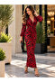 Red Passion – Women's Double-Breasted Collar Patterned Long-Sleeved Waist-Tie Long Diver Fabric Dress - 2