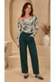 Women's Ecru Green Tie-Dye Patterned Off-Shoulder Boat Neck Viscose Long Sleeve Blouse - 7