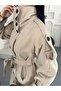 Long Trench Coat with Multi-Button Front, High Collar, Folded Belt, and Long Train - 5