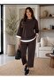 Women's Double Color Detailed Soft Textured Three-Quarter Sleeve Tracksuit Set - White Striped Bottom and Top Set