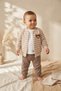 Baby Boy Beige Striped Teddy Bear Embroidered 3-Piece Set - Cotton Zippered Cardigan and Comfortable Jogger Bottom Set - 3