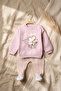 Flora Bloom 3D Daisy Detailed Powdered Rose Sweatshirt and Ribbed Beige Trousers Baby Top and Bottom Set - 2