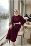 Women's Belted Ribbed Long Knitwear Dress Contrast Ribbed Hijab Dress 135 cm - 4