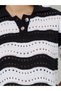 Black Hollow Knit Wavy Stripe Pattern Polo T-Shirt - 4