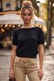 Black Boat Neck Short Sleeve Glittery Hem Lycra Knit Casual Knitwear Sweater 57 60