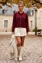 Burgundy Polo Collar Cuffed Sleeves Tie-Up Front Decorative Buttoned Non-Opening Stitched Glittery Knitwear Sweater 60 60 - 5