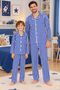 Suede Fabric White Navy Blue Striped Shirt Collar Buttoned Winter Pajama Set in Suitable Size for Boy and Father
