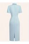 Blue Midi Sheath Dress with Choker Neck and Embellished Belt - 4