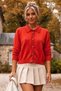 Red Polo Collar, Cuffed Sleeves, Tie-Up Front, Decorative Buttons, Non-Opening Stitched, Glittery Knitwear Sweater 60 60