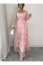 Pink Floral Tulle Maxi Dress with Long Sleeves