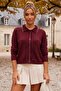 Burgundy Polo Collar Cuffed Sleeves Tie-Up Front Decorative Buttoned Non-Opening Stitched Glittery Knitwear Sweater 60 60