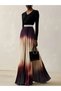 Multi-Color Block Maxi Pleated A-Line Dress with Long Sleeves - 3
