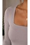 Women's Gray Square Collar Lined Front Long Sleeve Viscose Elastane Blouse - 3