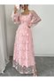 Pink Floral Tulle Maxi Dress with Long Sleeves - 2