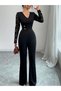 Black Plain Straight-Leg Jumpsuit with Lace Sleeves