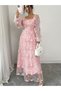 Pink Floral Tulle Maxi Dress with Long Sleeves - 4