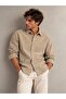 Men's Beige Velvet Shirt with Chest Embroidery Detail and Soft Texture