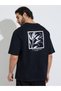 Men Black Oversized Screen Print Cotton Terry Crew Neck T-Shirt - 5