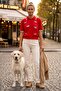 Red Polo Collar Short Sleeve Half Placket Buttoned Dog Appliqué Long Back Knitwear Sweater 58 60 - 3