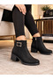 Livia Women's Black Thick Heeled Buckle Zipper Short Boots