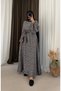 Leaf Patterned Belted Dress - 6111 - Gray - Black - 2