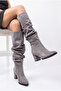 Women's Gusseted Design Thick Heeled Pointed Toe Gray Suede Boots (Order One Size Larger) - 5