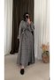Leaf Patterned Belted Dress - 6111 - Gray - Black - 3
