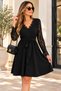 Feminine Elegance with Lace Collar and Sash Detail - Women's Long Sleeve Pocketed Short Janjan Crepe Dress