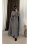 Leaf Patterned Belted Dress - 6111 - Gray - Black