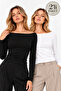 Women's 2-Pack Boat Neck Long Sleeve Basic Body Blouse Black White