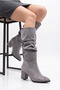 Women's Gusseted Design Thick Heeled Pointed Toe Gray Suede Boots (Order One Size Larger) - 7