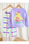 Girl's Lilac Sweatshirt with Front and Back Chick Print, Checkered Woven Gabardine Denim Trousers, Top and Bottom Set - 2