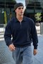 Men's Long Sleeve Navy Blue Sweater with Zipper Detail - 3