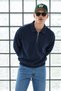 Men's Polo Collar Half-Zip Loose Fit Navy Blue Sweater - 2