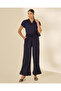 Women Navy Plain Ladder Lace Detail Polo - 2