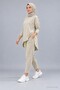 Women's Long Sleeve Asymmetrical Tunic and Waist-Tie Pants Set with Arma Detail, Viscose Cotton, Two-Thread Double Set - 3