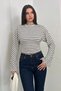 Women Sweatshirt Long Sleeve Striped Crew Neck Spanish Batwing Sleeve Drawstring Waist Cropped Blouse - 2