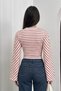 Women Sweatshirt Long Sleeve Striped Crew Neck Spanish Batwing Sleeve Drawstring Waist Cropped Blouse - 3