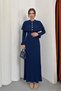 Women's Dress Long Knitwear Stylish Long Sleeve Crew Neck Gold Buttoned Knitted Dress with Detachable Cape - 2