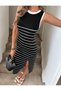 Women's Black Striped Crew Neck Sleeveless Slit Camisole Midi Length Bodycon Dress - 5