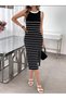 Women's Black Striped Crew Neck Sleeveless Slit Camisole Midi Length Bodycon Dress