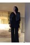 Blazer Collar Glittered Sleeve Belted Trouser Suit - 5786 - Black - 2