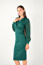Crepe Fabric Sleeves Tulle Pencil Dress - Emerald Green - 3