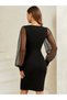 Women's Long Sleeve Wide V-Neck Sleeves Tulle Slit Short Crepe Dress - 7