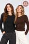 Women's 2-Pack Crew Neck Long Sleeve Basic Body Blouse Black Brown