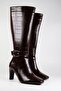 Croco Crocodile Skin Buckle Detailed Women's Thin Heel Zipper Boot 9cm